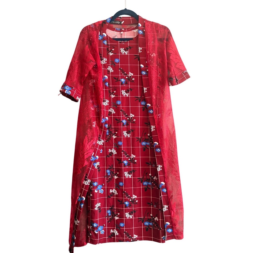 Red Floral Grid Midi‎ Dress with Lace Overlay Set L